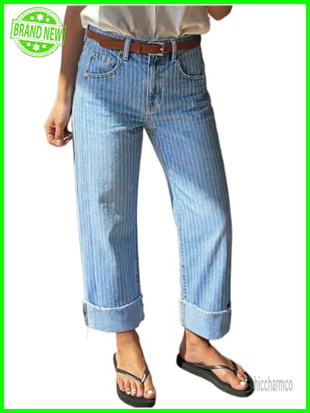 Women's Mid Rise Straight Leg Cropped Jeans Roll Hem Stretch Denim